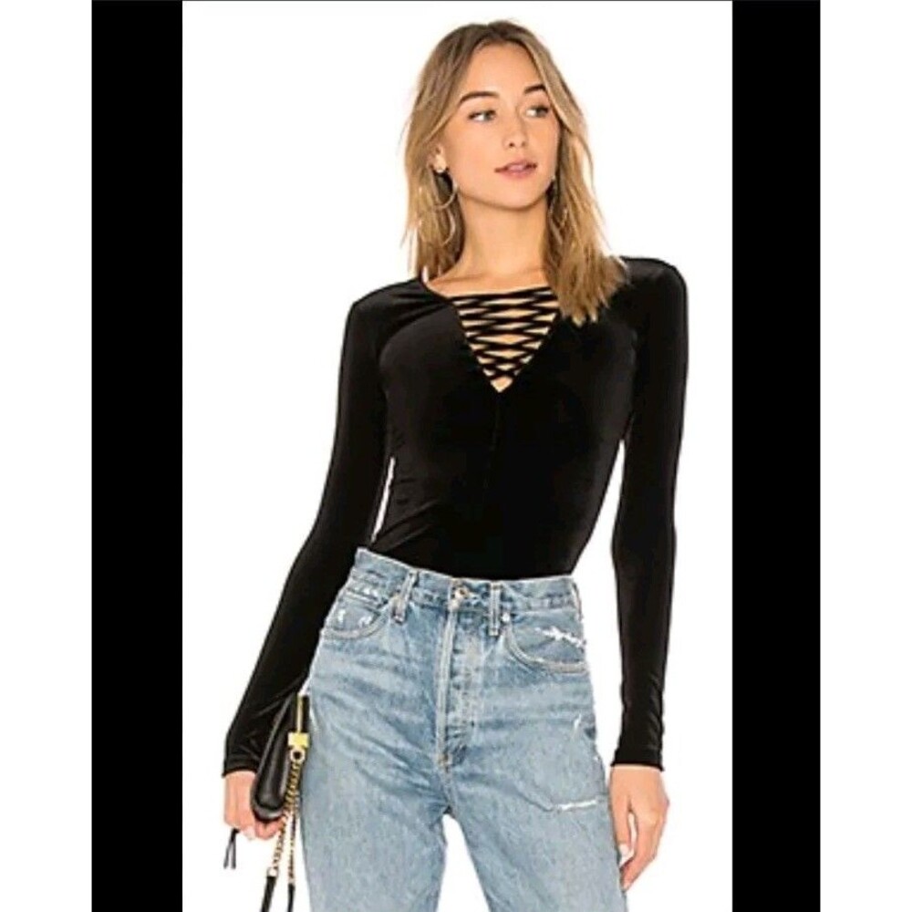 Revolve Bailey 44 Top Black Coven Lace Up Velvet Slim Fit Stretch Size Small